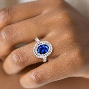 Double Halo Oval Blue Sapphire Engagement Ring, size 6 3/4